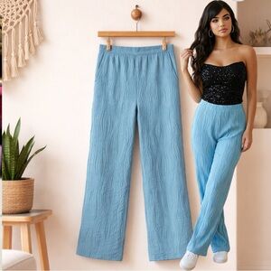 🛍️ PRETTYLITTLETHING Plus Blue Wave Plisse wide leg Palazzo pants NWT SIZE 18